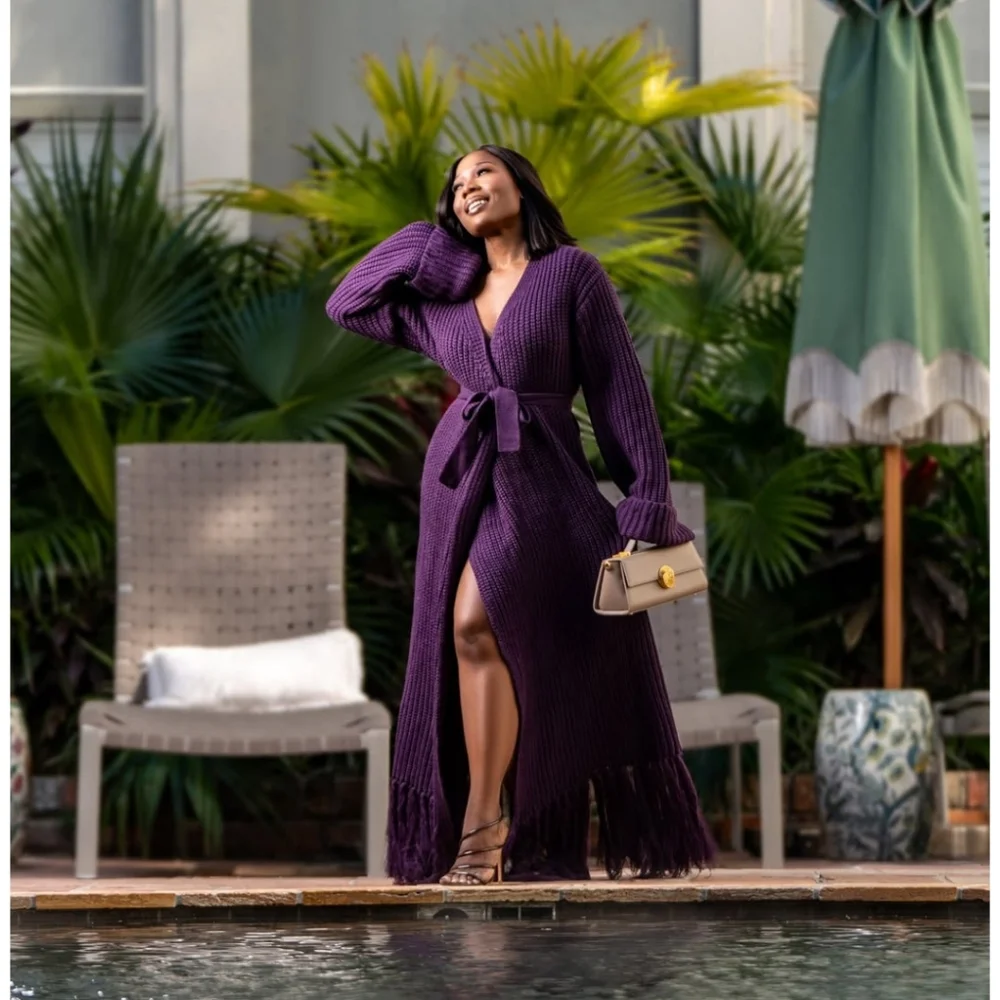 HANIFA MIYA KNIT CARDIGAN DRESS IN EGGPLANT /PLUM - Picture 4 of 11